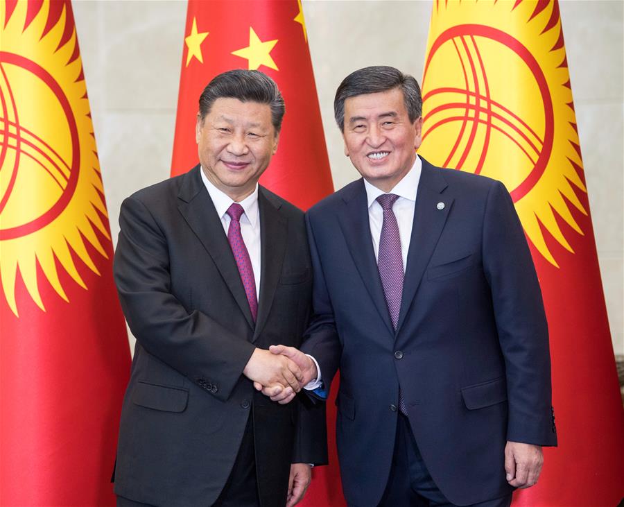 Chinese President Xi Jinping and his Kyrgyz counterpart Sooronbay Jeenbekov hold talks in Bishkek, Kyrgyzstan, June 13, 2019. Xi and Jeenbekov held talks here Thursday, agreeing to take their countries'' comprehensive strategic partnership to new heights. (Xinhua/Li Xueren)