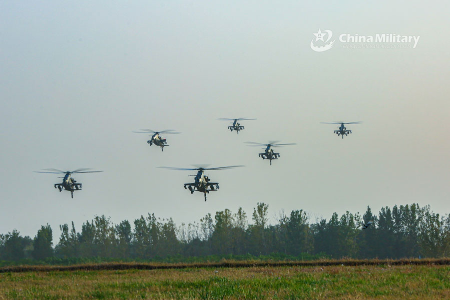 Multi-type attack helicopters hover at low altitude