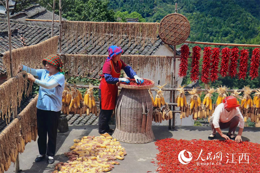 Villagers dry crops in the sun in Wuyuan, E China's Jiangxi