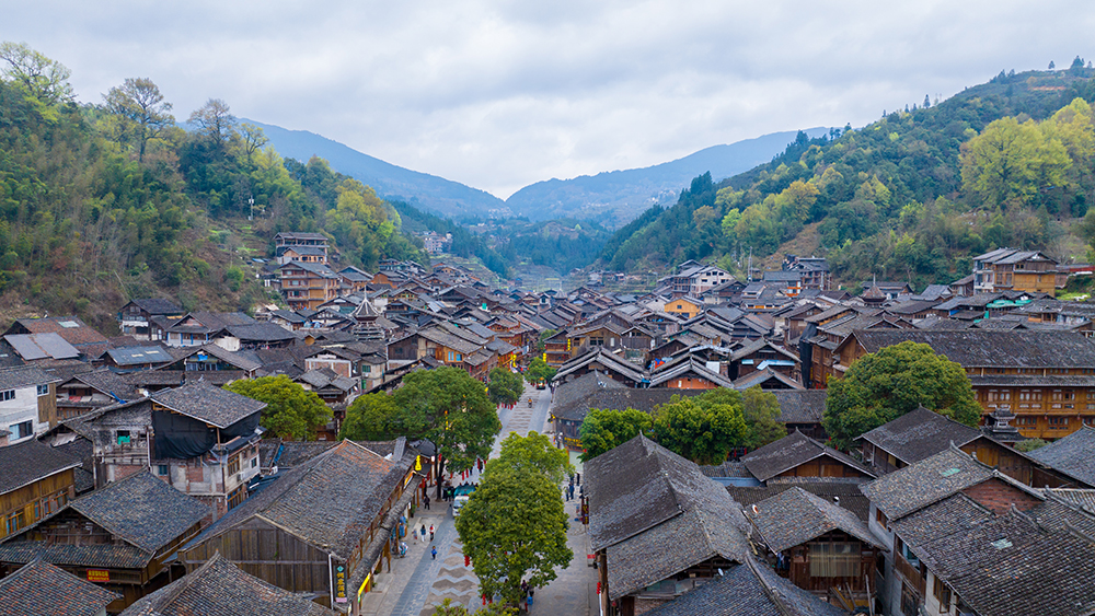 Aerial view of Zhaoxing Dong village, SW China's Guizhou