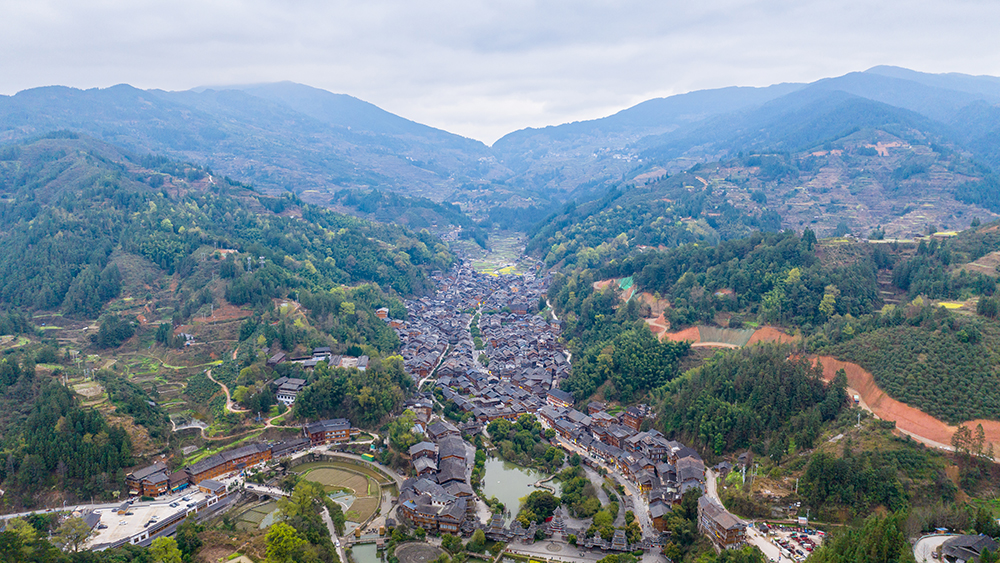Aerial view of Zhaoxing Dong village, SW China's Guizhou