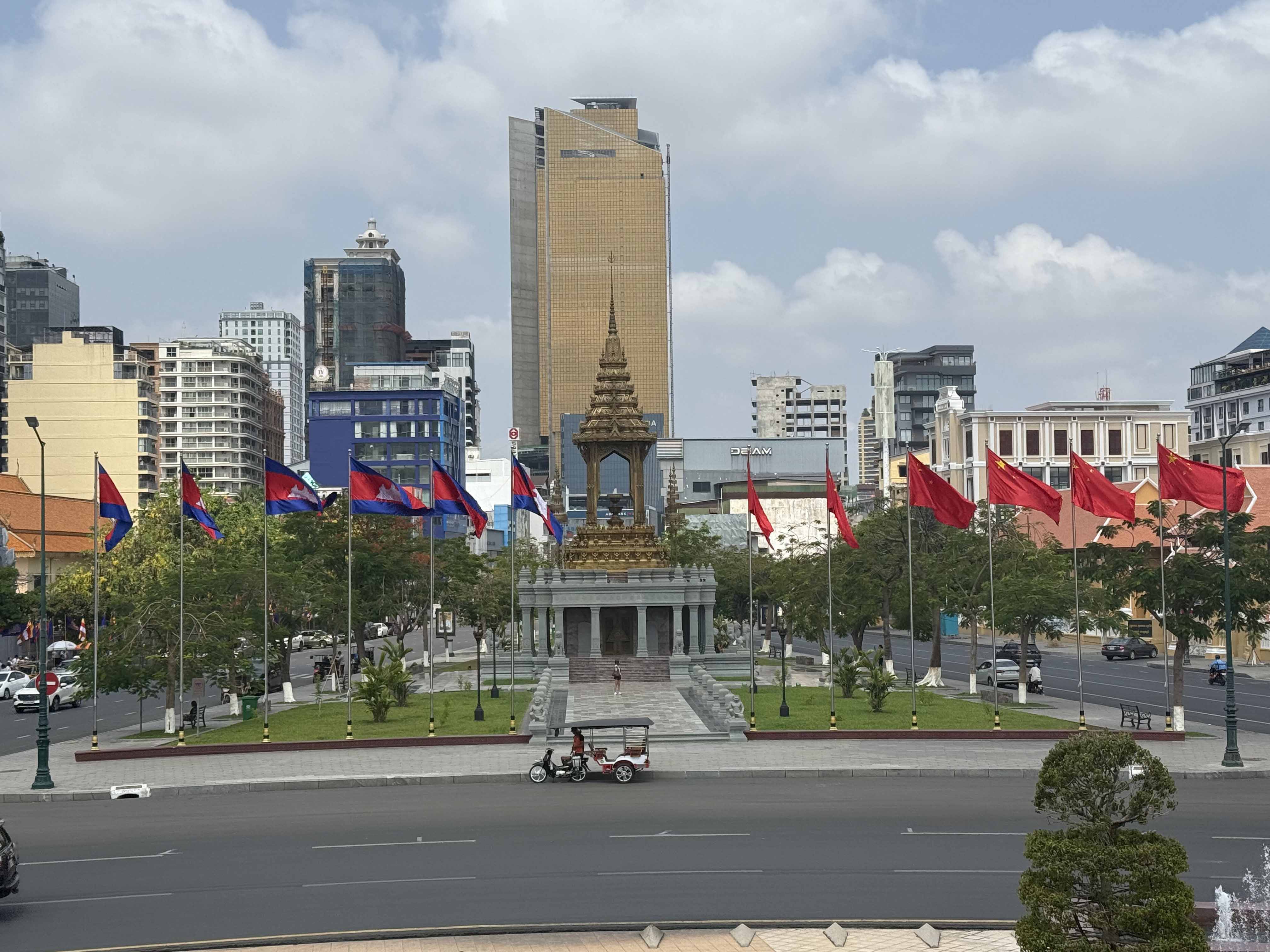 Chinese and Cambodian national flags fly in Phnom Penh, Cambodia