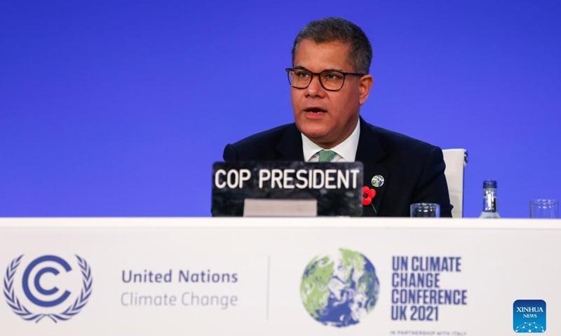 COP26 President Alok Sharma speaks during the 26th session of the Conference of the Parties (COP26) to the United Nations Framework Convention on Climate Change in Glasgow, the United Kingdom, Nov. 13, 2021.Photo: Xinhua