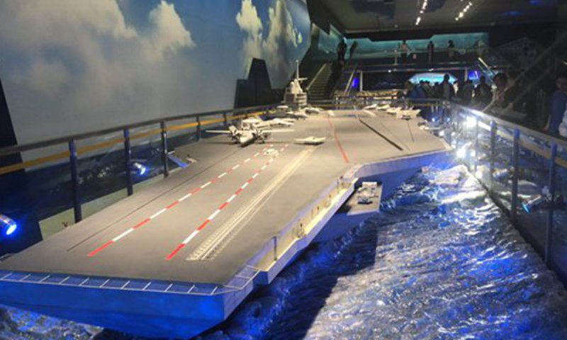 A future aircraft carrier function demonstration model is on display at the newly renovated and expanded Military Museum of the Chinese People's Revolution in Beijing on Sunday. Photo: Liu Xuanzun/GT