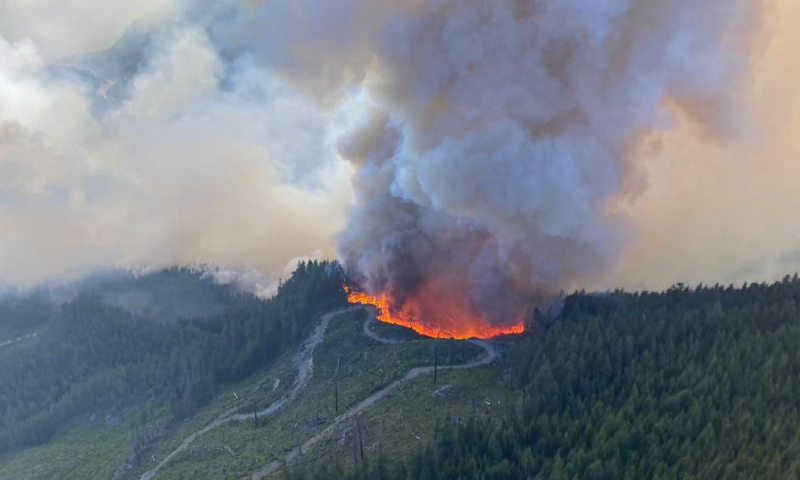 Undated aerial photo provided by BC Wildfire Service shows wildfires in the coastal region of British Columbia, Canada. Canada is seeing its worst fire season on record as hundreds of blazes rage across the country, with more than 250 burning out of control, according to the Canadian Interagency Forest Fire Centre. (BC Wildfire Service/Handout via Xinhua)