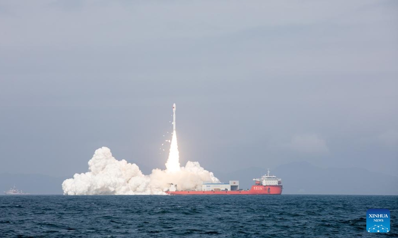 A Smart Dragon-3 (SD-3) carrier rocket carrying nine satellites blasts off from waters off the coast of Yangjiang, a city in south China's Guangdong Province, Feb. 3, 2024. The Taiyuan Satellite Launch Center launched the rocket at 11:06 a.m. (Beijing Time) on Saturday. The nine satellites were successfully sent into planned orbit. (Photo by An Di/Xinhua)