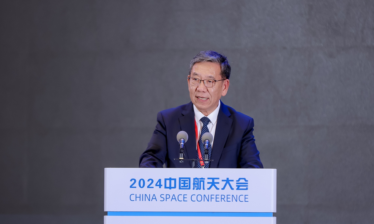 Wu Weiren, chief designer of chief designer of China’s lunar exploration project gives a speech at the 2024 China Space Conference in Wuhan on April 24, 2024. Photo: courtesy of China Space Conference