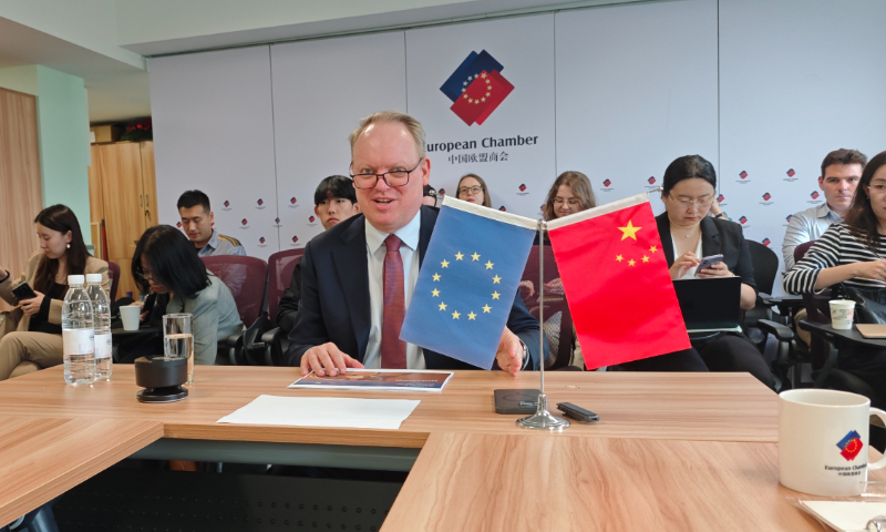 Jens Eskelund, president of the European Union Chamber of Commerce in China, addresses a press conference in Beijing on May 8, 2025. Photo: Yin Yeping/GT