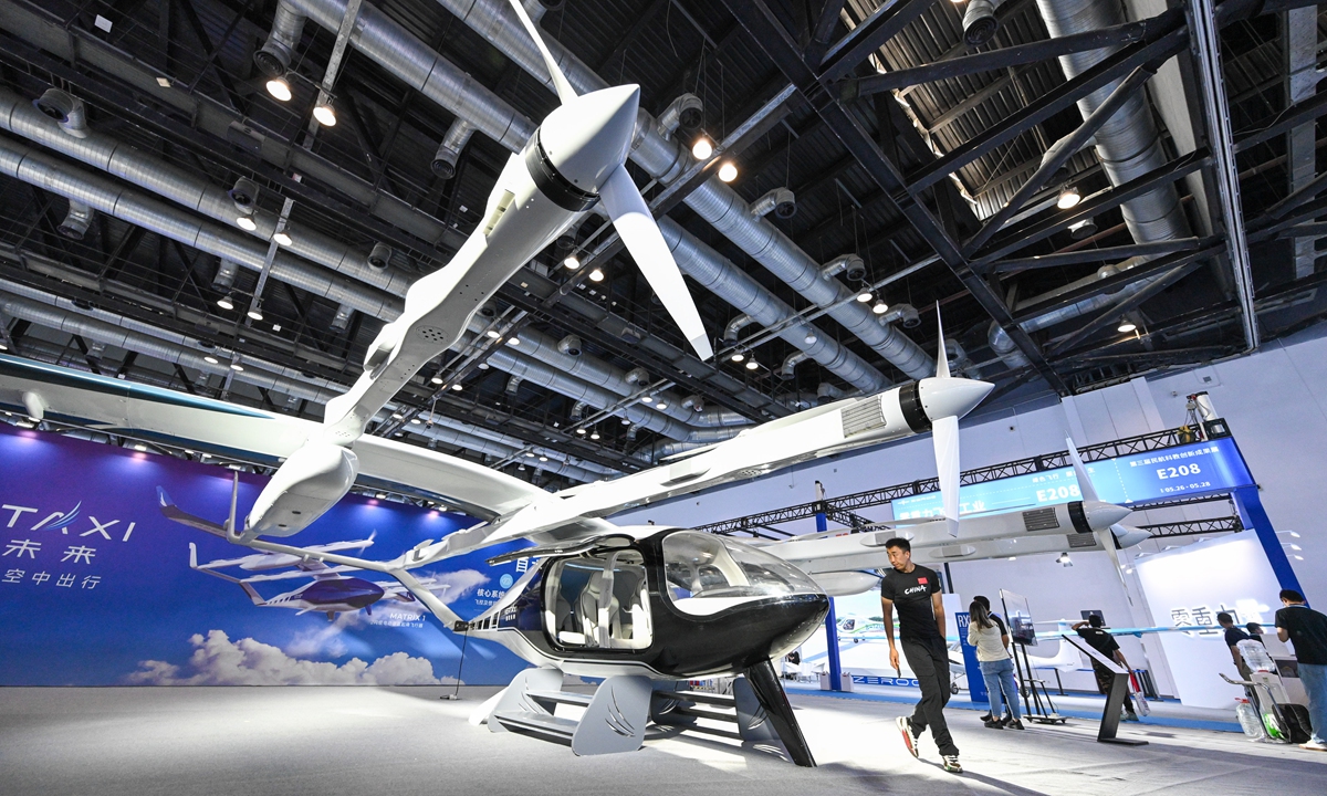 An eVTOL is on display at the 3rd Exhibition of Technology and Education in Civil Aviation in Beijing on May 26, 2025. Photo: Chen Tao/GT