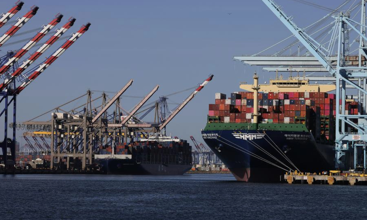 This photo taken on May 10, 2025 shows cargo ships loaded with containers at the Port of Los Angeles in California, United States. (Photo by Qiu Chen/Xinhua)