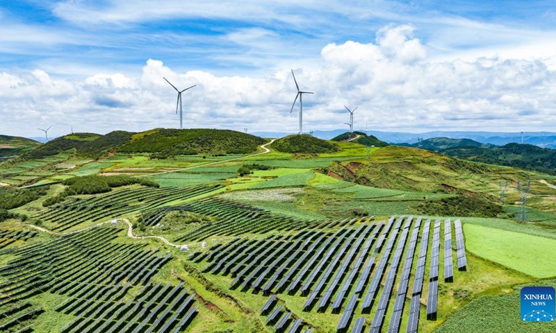An aerial drone photo taken on July 3, 2025 shows a solar power station for agricultural use in the Yi-Hui-Miao Autonomous County of Weining, southwest China's Guizhou Province. In recent years, Guizhou has made significant progress in ecological construction, striving to transform ecological advantages into developmental strengths. While actively developing green energy sources such as wind and solar power, Guizhou makes full use of the land beneath photovoltaic panels to cultivate crops, and meanwhile encourages farmers to engage in agricultural planting by leveraging diverse terrain and varied climate, an effort to enhance farmers' income. (Photo: Xinhua)